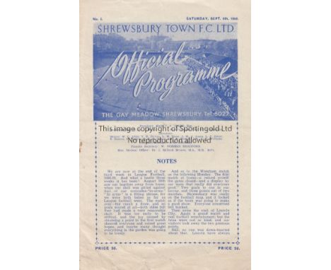 SHREWSBURY TOWN      Home programme for their first season in the League v. Stockport County 9/9/1950, slightly creased and s