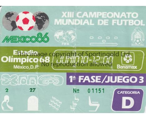 WORLD CUP 1986     Original ticket for Argentina v Bulgaria at Estadio Olympico, Mexico City, 1st phase / Match 3. Creased.  
