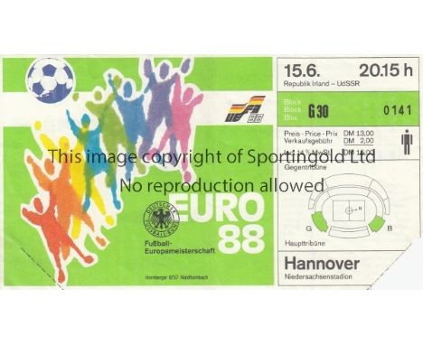 EURO 1988     Original ticket for Republic of Ireland v USSR 15/6/1988 in Hannover. Slightly creased.   Generally good