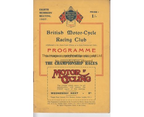 MOTOR CYCLING 1927   Programme for British Motor Cycle Club Championship Races , 24/9/1927 at Brooklands , 32 page programme,