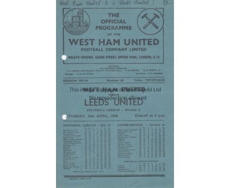 WEST HAM - LEEDS 47/8       West Ham home programme v Leeds, 24/4/48, punch-holes (minor print affected) and score noted on t