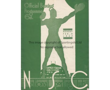 BOXING 1937   Rare National Sporting Club Boxing Event programme held at Earls Court, 15/2/1937, the main bout was a heavy-we