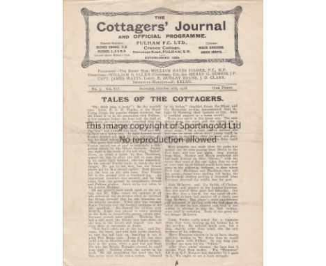FULHAM - WEST HAM 1918   Fulham single sheet First World War home programme v West Ham, 26/10/1918, minor folds.  Generally g