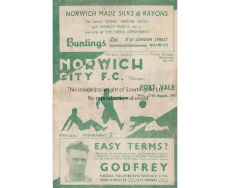 NORWICH   Programme Norwich City v Port Vale August 27th 1947. Light staining. No writing.     Fair to generally good