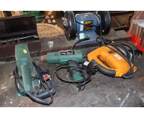 A Bosch PSS23A electric sander, a Bosch PHG490-2 hot air gun, and a JCB electric jigsaw