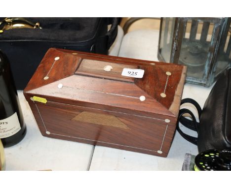A sarcophagus shaped caddy with mother of pearl inlay AF