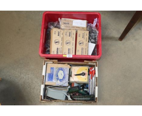 Two boxes of model railway to include Trix Twin railway tracks, Meccano power control unit A2 etc.
