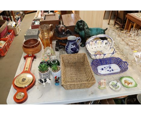 A Blue Mountain style pottery dog; a carved bear; glass paperweights; Lilliput Lane cottages and a barometer