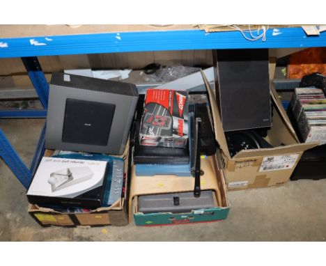 Three boxes of various sundry items to include speakers; Bang &amp; Olufsen speaker; Greene King Ipswich shirts; a linguaphon
