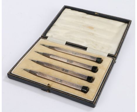 Set of four silver bridge pencils, Bridge pencils, the engine turned bodies each marked with a heart, diamond, club and spade