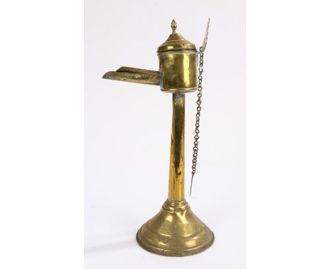 19th Century brass whale oil lamp, with lift up lid and conical base, 33cm high