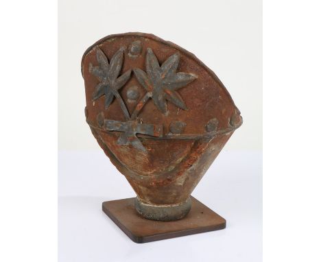 19th Century rainwater hopper, with a crest to the front of two branches and a ribbon, 30cm high
