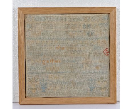 19th century needlework sampler, with paragraph of verse, upper and lower case alphabet, numbers 1-8 and name "Mary Patrick, 