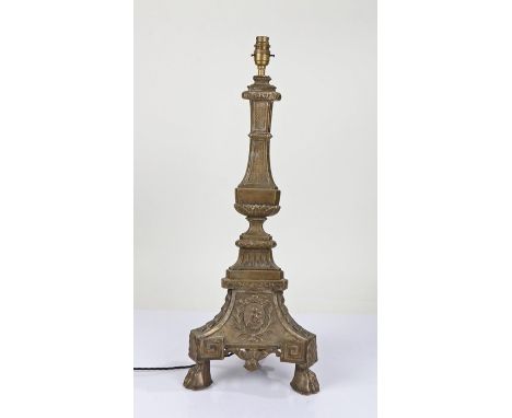 Brass lamp, in the Neo Classical taste on paw feet, 59cm high