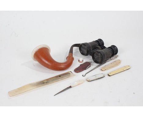 Mixed works of art to include a pair of opera glasses by Oscar Rach of London and Munich, a large pipe, silver handled button