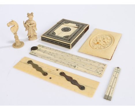 Collection of ivory objects, to include Dieppe aide memoire cover, scientific rulers, Cantonese chess pieces (qty)