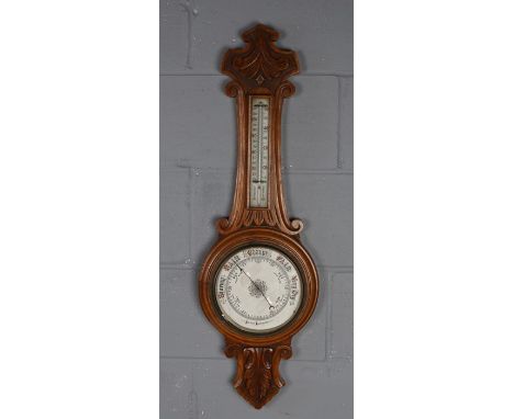 Early 20th Century oak barometer, with porcelain register and dial (missing glass face), 90cm tall