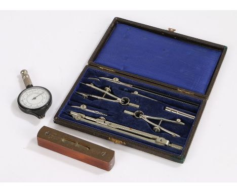 Cased drawing implement set, Hockley Abbey brass mounted spirit level, map scale measure (3)