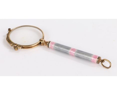 20th Century folding lorgnette, having telescopic enamel handle in pink and grey, with gold filled frame