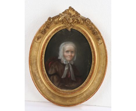 19th Century school, pastel portrait of a seated lady, unsigned, housed within an oval gilt frame, 17.5cm wide