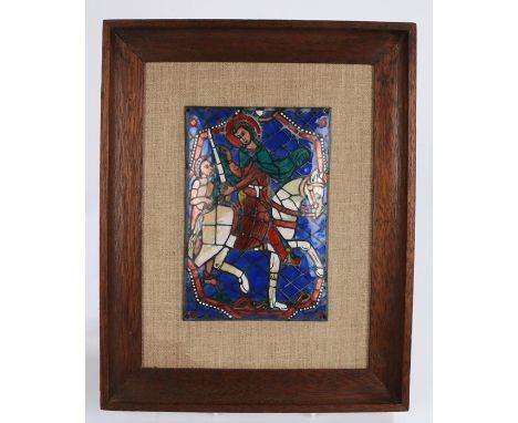 Arts and Crafts enamel plaque, depicting a figure on horseback in brightly coloured enamels, initialled SM to bottom right co