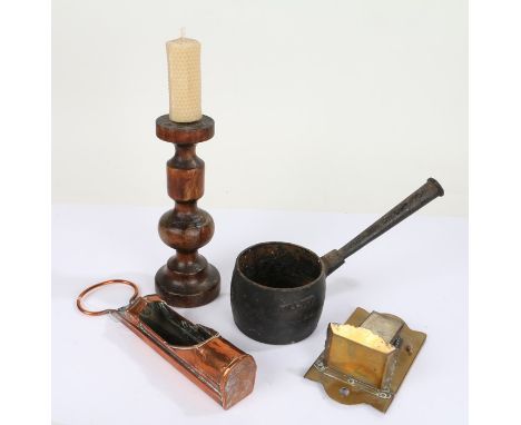 19th copper hanging candle holder, of oblong form, 25.5cm long, together with a treen candlestick, small cast iron pot, stamp