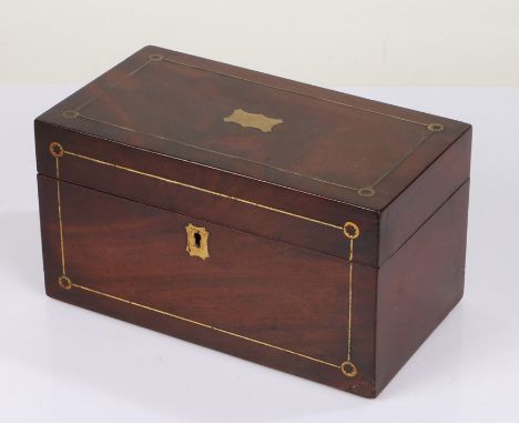 George IV mahogany and brass bound tea caddy, with two interior compartments, 25cm wide