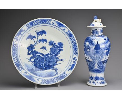 A Chinese 19th century blue and white porcelain dish with butterfly and floral decoration, together with a Chinese 19th centu