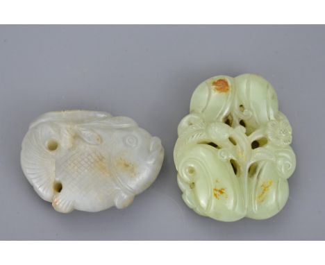 A Chinese carved pale celadon jade pendant in the form of melon group with bat together with another jade carving in the form