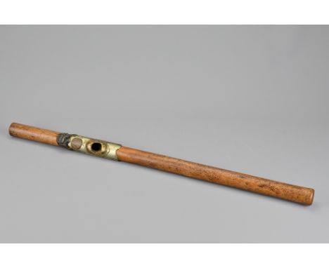 A Chinese bamboo opium pipe part with metal mount decorated with the longevity character 'Shou', and a toad. Approx. 54cm len