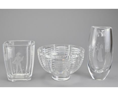 Two Swedish Glass Vases and A Crystal Bowl For Orrefors, Two vases designed by Sven Palmqvist and bowl unsigned, vases engrav