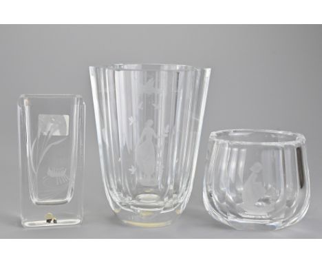 Three Swedish Glass Vases, to include one by Nils Landberg for Orrefors, one by Sven Palmquist for Orrefors and one by Bengt 