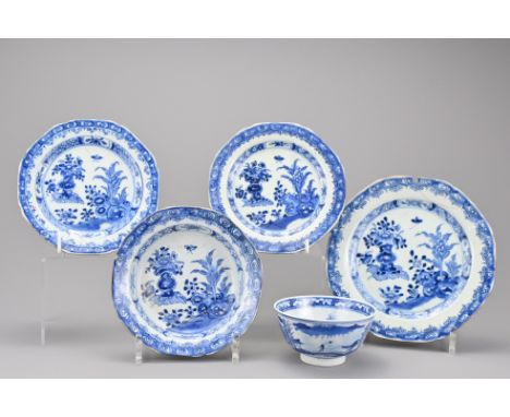 A group of Chinese 18th Century blue and white porcelain items. To include four dishes and a bowl with a four-character Kangx