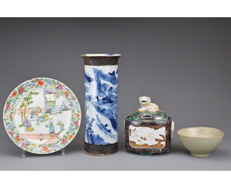 A group of four Chinese ceramic and porcelain items to include a Chinese 19th century blue and white crackle ware porcelain s