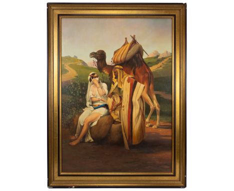 M. Kassab, Arabian scene depicting woman, man and camel, oil on canvas in gilt frame, signed bottom right, 89.5 x 66 cm (pain