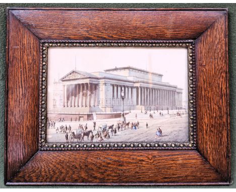 19th century oak and gilt framed colour tinted etching/engraving in the manner of William Herdman, depicitng St Georges Hall,
