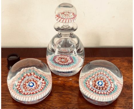 MILLE FIORE INKWELL AND STOPPER PLUS TWO ACCOMPANYING PAPERWEIGHTS