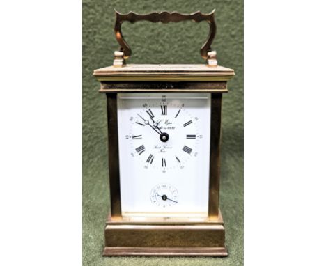 Early 20th century French brass and glass carriage clock with enamelled dial, dial stamped 'L' Epee Fondee en 1839, Sainte Su