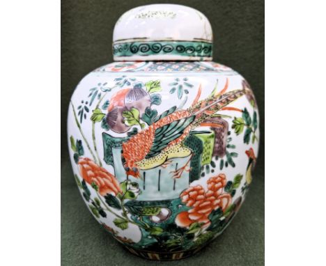 Large late 19th/early 20th century Oriental hand painted ginger jar with cover. Approx. 27cms H
cover damaged and poorly rest