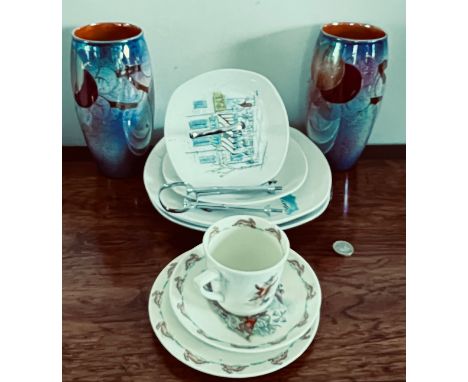 PAIR OF CROWN DUCAL VASES, APPROX 20cm HIGH, ALSO TWO CAKE STANDS, PLUS DOULTON BUNNYKINS TRIO