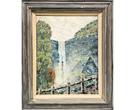 Pete Rollason 1998 framed oil on textured wooden panel depicitng Taughannock Falls, Cayuga Lake, New York. Approx. 45 x 36cms