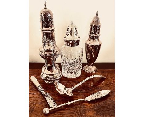 THREE PLATED SHAKERS, CUT GLASS SHAKER, LADLE AND TWO BUTTER KNIVES