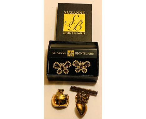 PAIR OF VINTAGE SUZANNE BJONTEGARD COSTUME JEWELLERY CLIP EARRINGS; YSL VINTAGE COSTUME JEWELLERY PERFUME BOTTLE SHAPE BROOCH