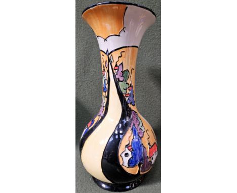 Lorna Bailey Old Elegance Pottery 'Maybank' pattern relief decorated ceramic vase depicitng an abstract village scene. Approx
