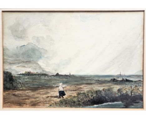 David Cox - Framed watercolour depicitng a female worker with rake within a countryside setting with coat in the distance. Ap
