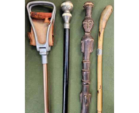 Vintage ebonised walking stick with screw off top, carved tribal style wooden stick, shooting stick, etc
all used unchecked