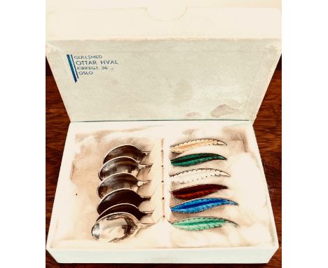 SET OF SIX ENAMEL AND SILVER COFFEE SPOONS, NORWEGIAN, IN ORIGINAL BOX