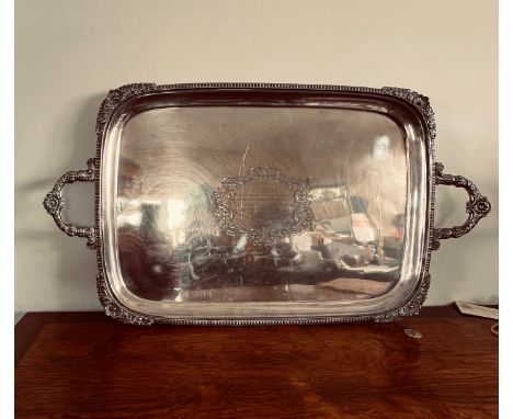 LARGE HEAVY SILVER PLATED TRAY BY WALKER &amp; HALL, SILVER WEDDING PRESENT, ENGRAVED TO MR AND MRS MOLYNEUX, BY THE LIVERPOO