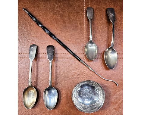 Three hallmarked silver spoons (Approx. 64.5g), Georgian silver plated coin mounted ladle with twist handle, plus another sil