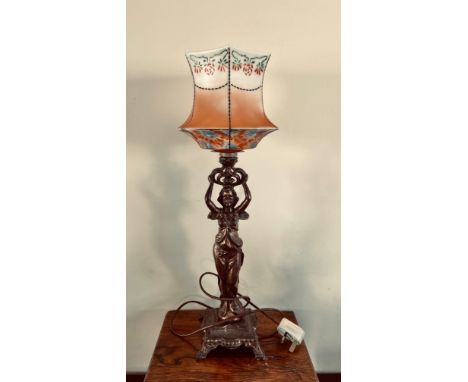 CAST METAL TABLE LAMP WITH ART DECO SHADE, APPROX 54cm HIGH